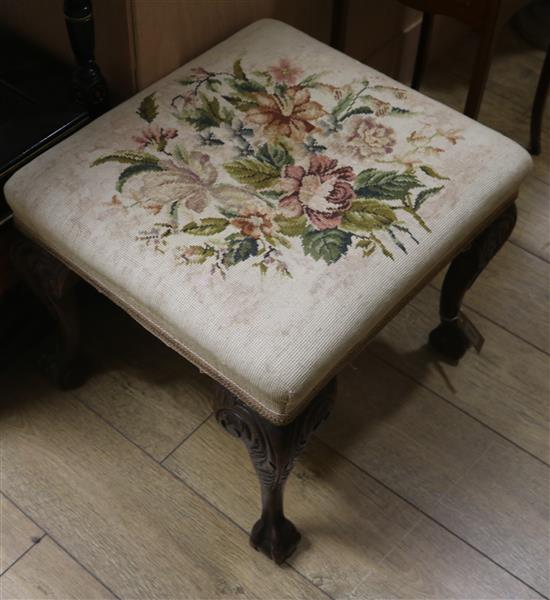 A Victorian dressing stool with cabriole legs and claw and ball feet, W.53cm